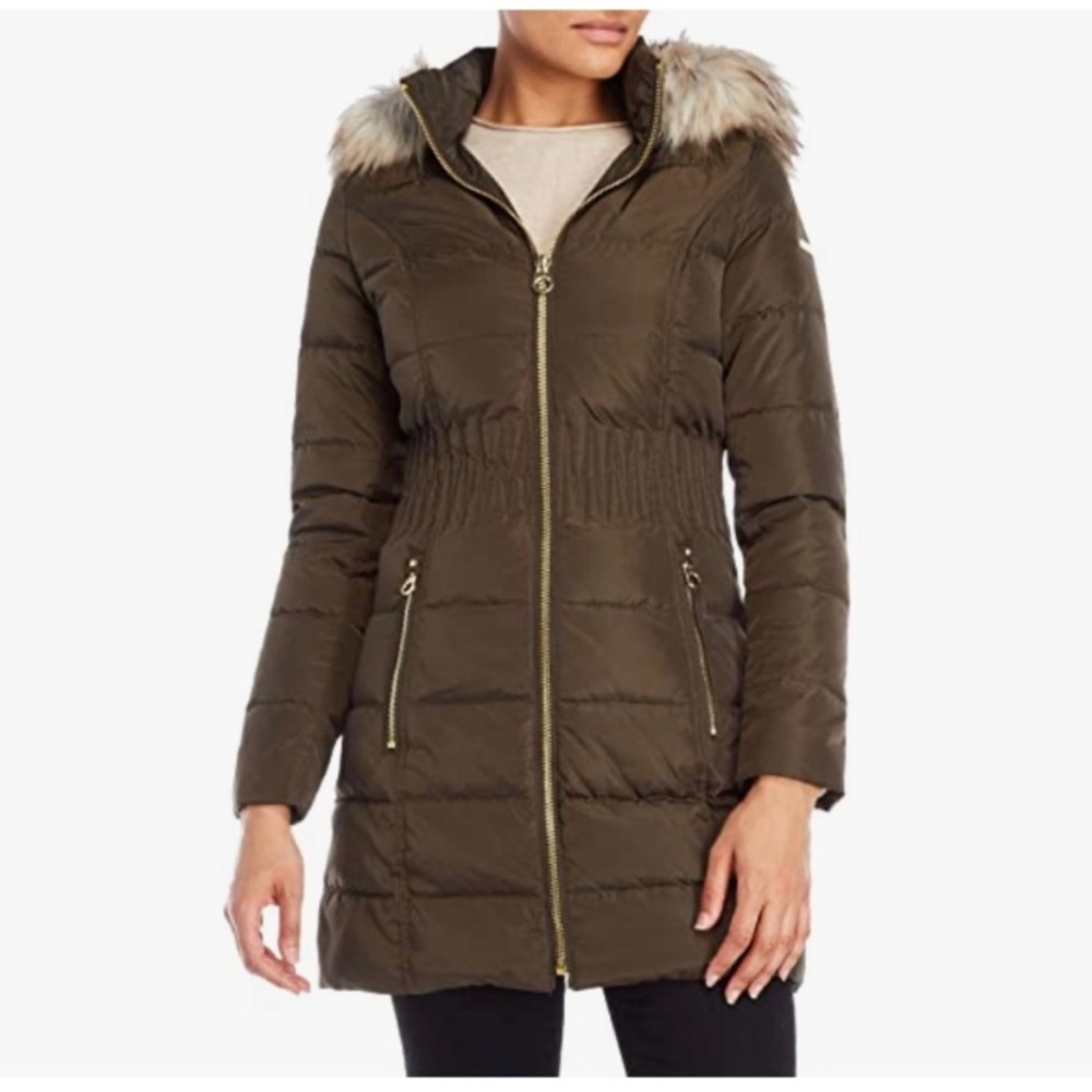 Laundry By Shelli Segal olive green Puffer Coat Faux Fur Hood
